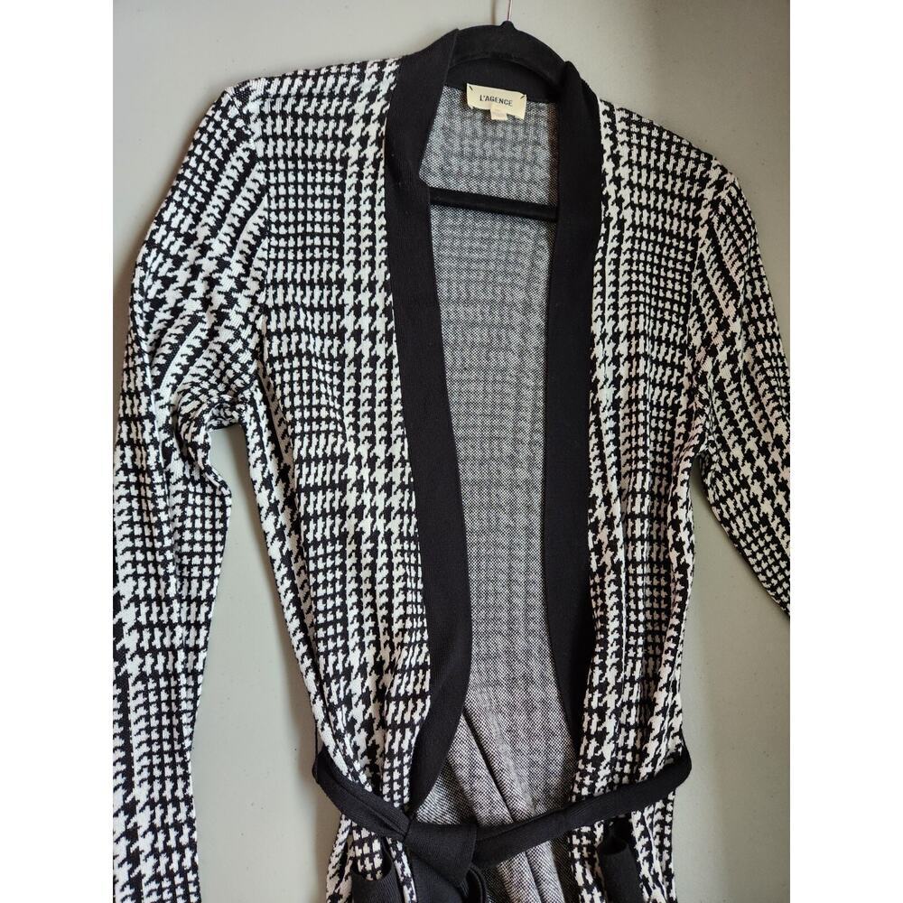 L’AGENCE Adeline Belted Long Cardigan Sz XS duster Black Grey Houndstooth #2G507 - Picture 6 of 12